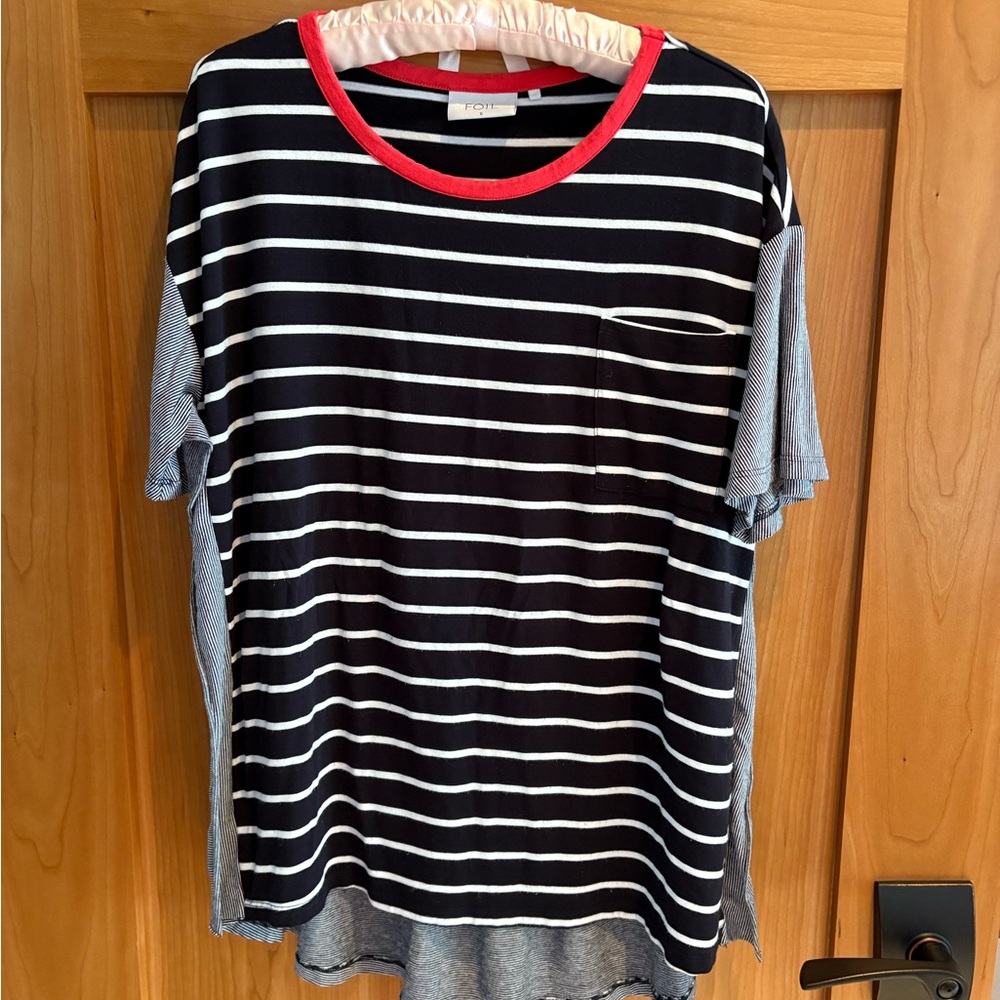 Foil red, white, and blue striped top